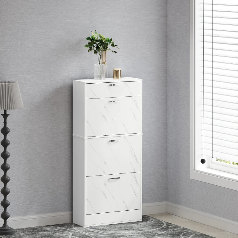HOMCOM 3 Flip Drawer Shoe Cabinet, Marble-Effect Narrow Shoe Storage Cabinet with Top Drawer and Adjustable Shelves, White