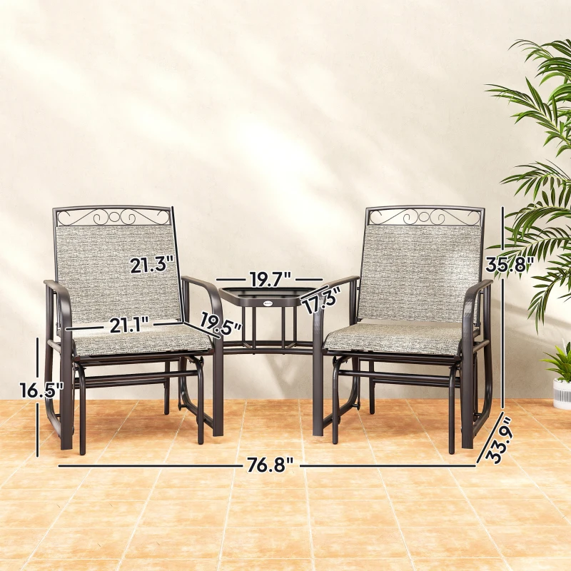 Outsunny Outdoor Glider Chairs with Coffee Table, Patio 2-Seat Rocking Chair Swing with Breathable Sling for Backyard, Gray