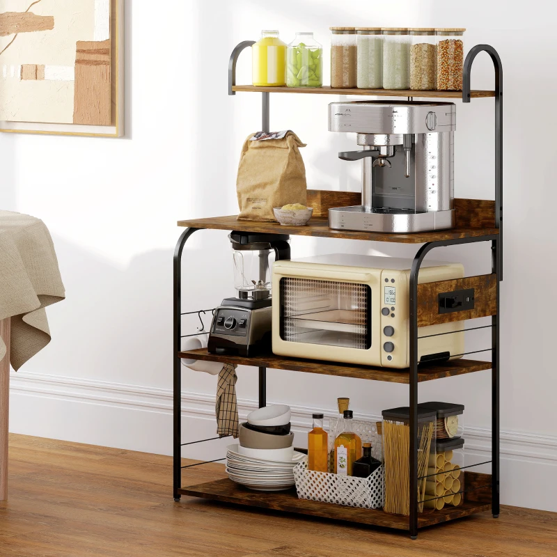HOMCOM Baker's Rack with Charing Station, Microwave Shelf with Power Outlet, USB Charger and 4 Hooks, Rustic Brown
