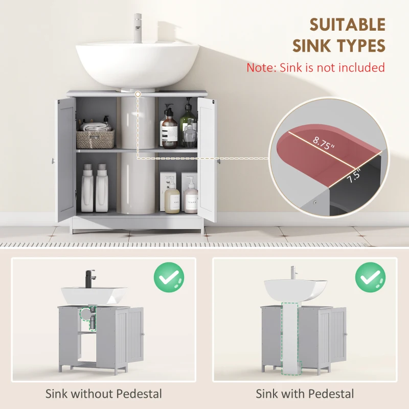 HOMCOM Bathroom Vanity Cabinet, Under Sink Bathroom Cabinet with 2 Doors and Adjustable Shelf, Light Gray