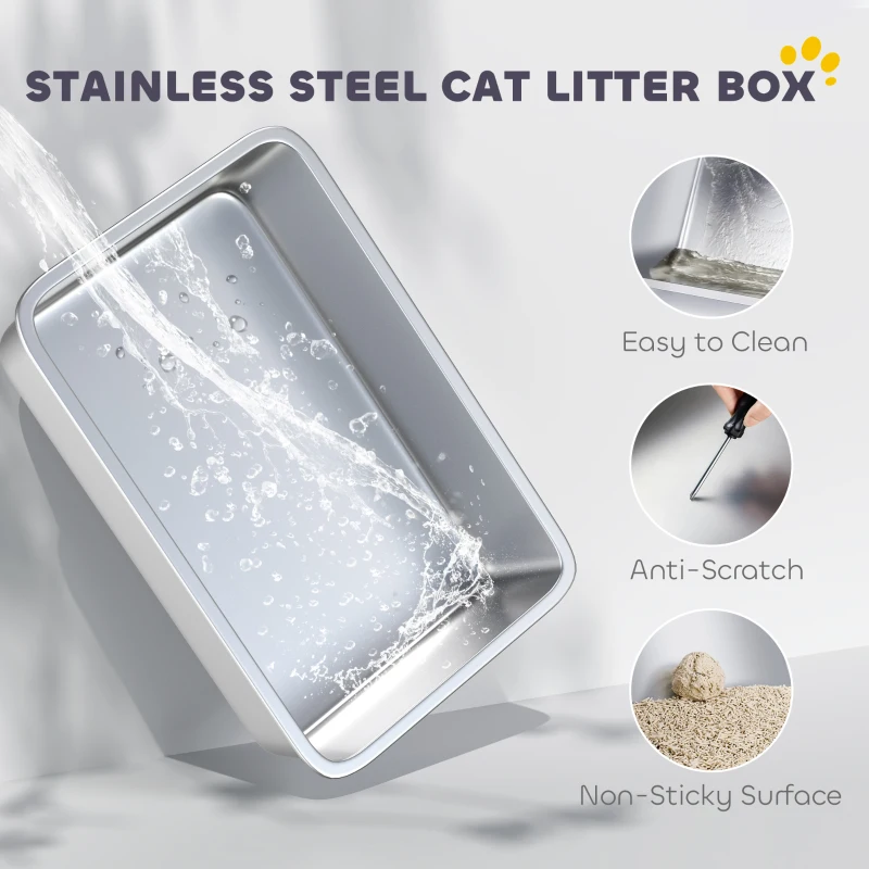 PawHut Extra Large Stainless Steel Cat Litter Box for Big Cats with Flip Cover, High-Sided Enclosure & Scoop