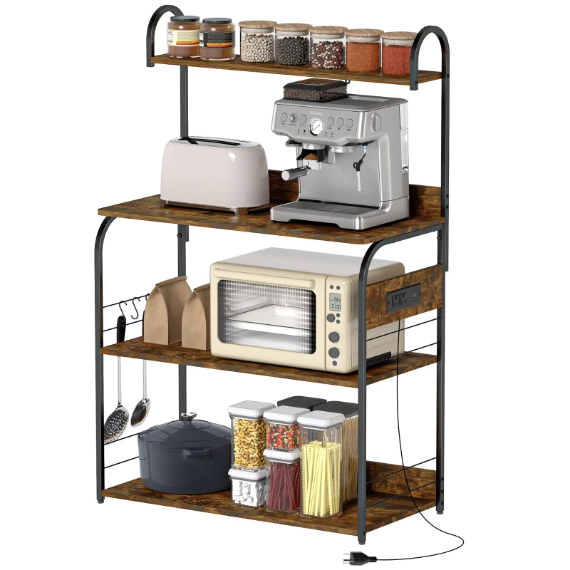 HOMCOM Baker's Rack with Charing Station, Microwave Shelf with Power Outlet, USB Charger and 4 Hooks, Rustic Brown