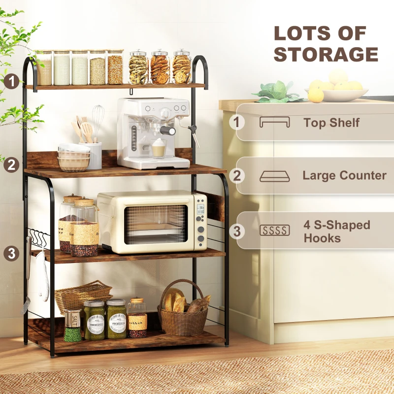 HOMCOM Baker's Rack with Charing Station, Microwave Shelf with Power Outlet, USB Charger and 4 Hooks, Rustic Brown