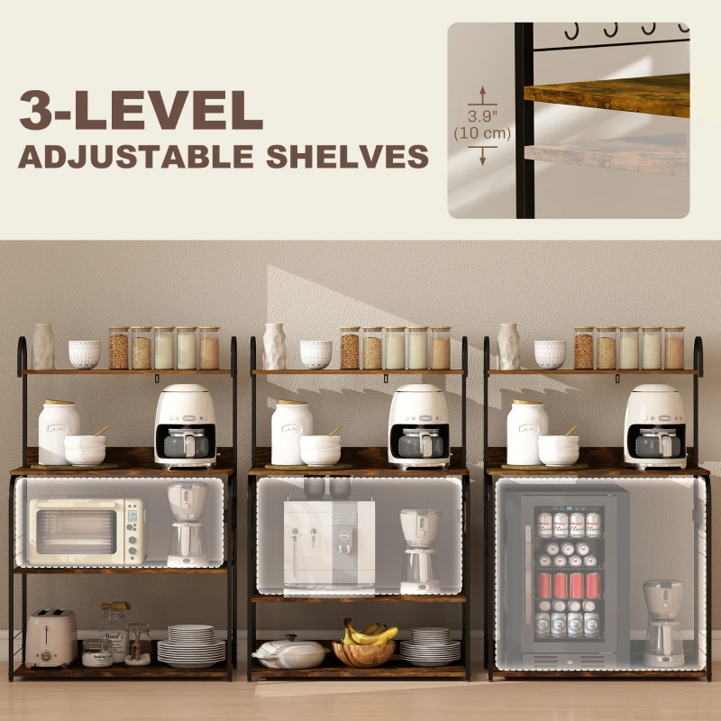 HOMCOM Baker's Rack with Charing Station, Microwave Shelf with Power Outlet, USB Charger and 4 Hooks, Rustic Brown