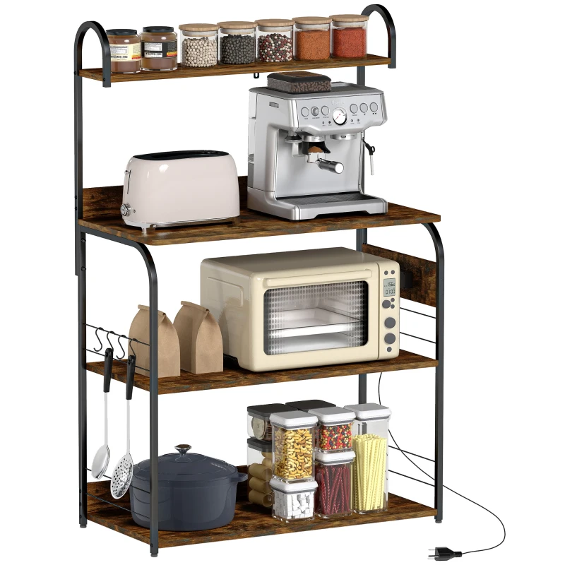 HOMCOM Baker's Rack with Charing Station, Microwave Shelf with Power Outlet, USB Charger and 4 Hooks, Rustic Brown