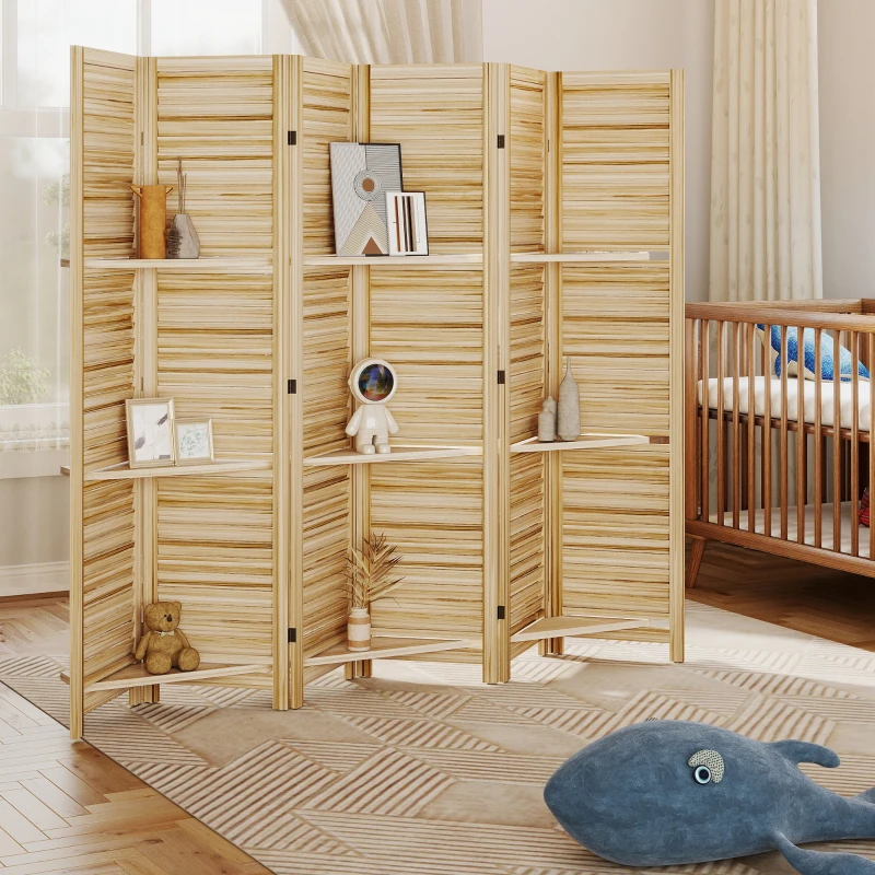 HOMCOM 6 Panel 67" Tall Wood Privacy Screen Room Divider with 3 Shelves and Folding Storage for Bedroom, Natural Wood
