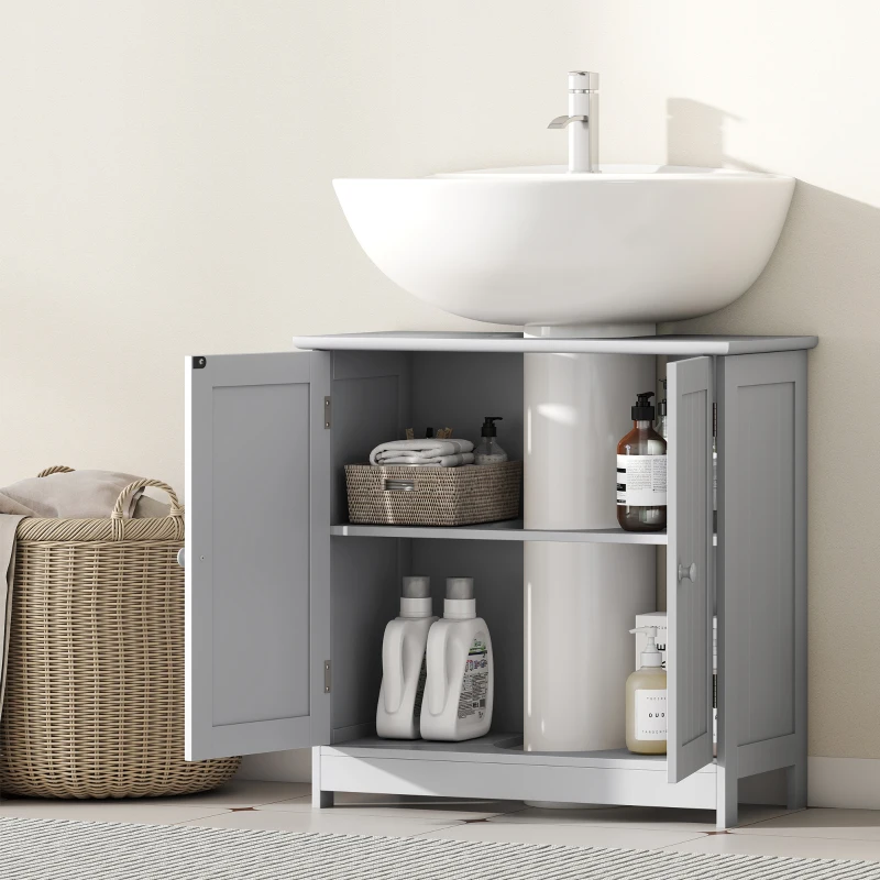 HOMCOM Bathroom Vanity Cabinet, Under Sink Bathroom Cabinet with 2 Doors and Adjustable Shelf, Light Gray