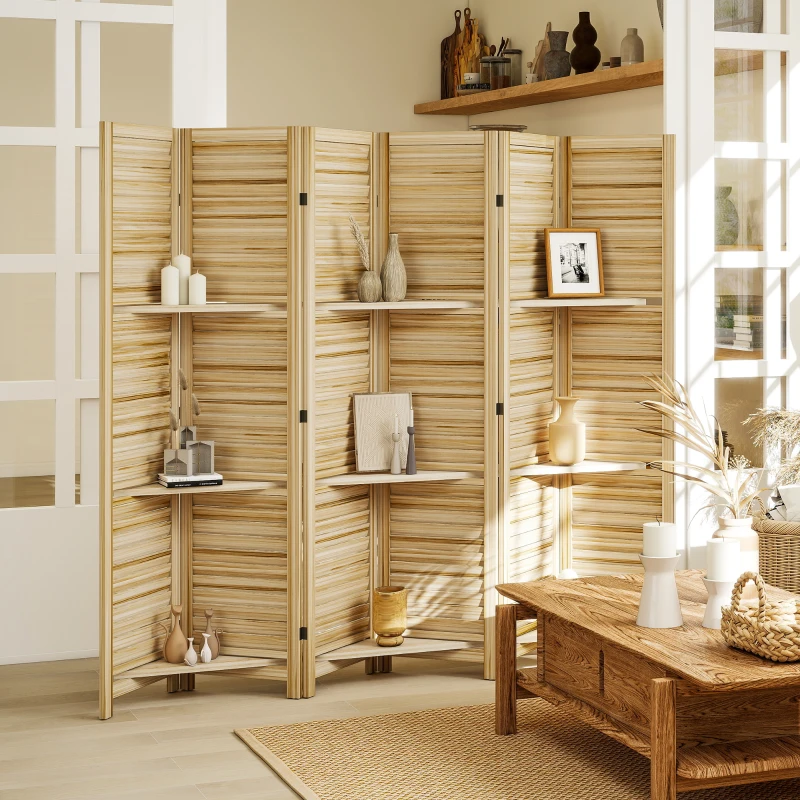 HOMCOM 6 Panel 67" Tall Wood Privacy Screen Room Divider with 3 Shelves and Folding Storage for Bedroom, Natural Wood