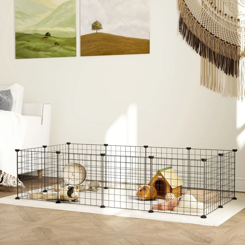 PawHut Pet Playpen, DIY Cage House for Small Animals, Guinea Pigs, Hedgehogs, Black