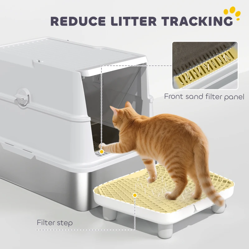 PawHut Extra Large Stainless Steel Cat Litter Box for Big Cats with Flip Cover, High-Sided Enclosure & Scoop