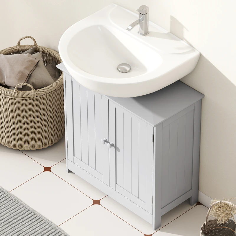 HOMCOM Bathroom Vanity Cabinet, Under Sink Bathroom Cabinet with 2 Doors and Adjustable Shelf, Light Gray