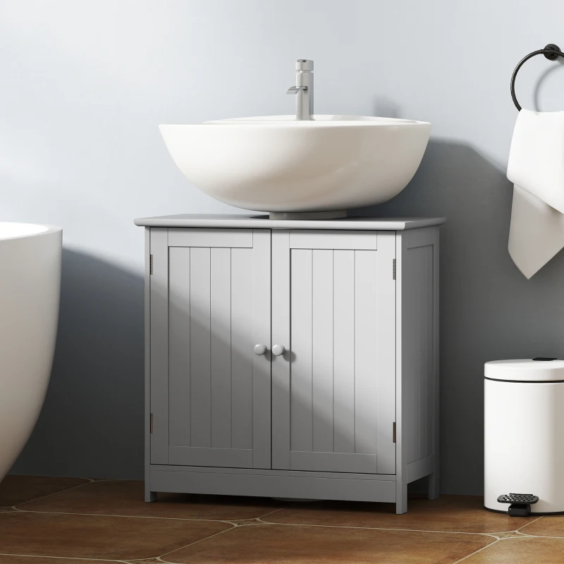 HOMCOM Bathroom Vanity Cabinet, Under Sink Bathroom Cabinet with 2 Doors and Adjustable Shelf, Light Gray