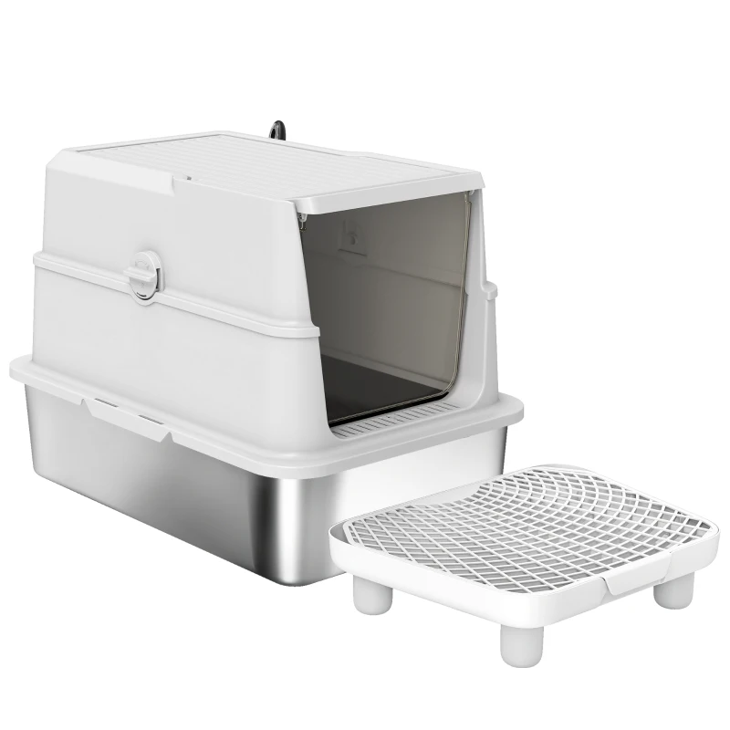 PawHut Extra Large Stainless Steel Cat Litter Box for Big Cats with Flip Cover, High-Sided Enclosure & Scoop