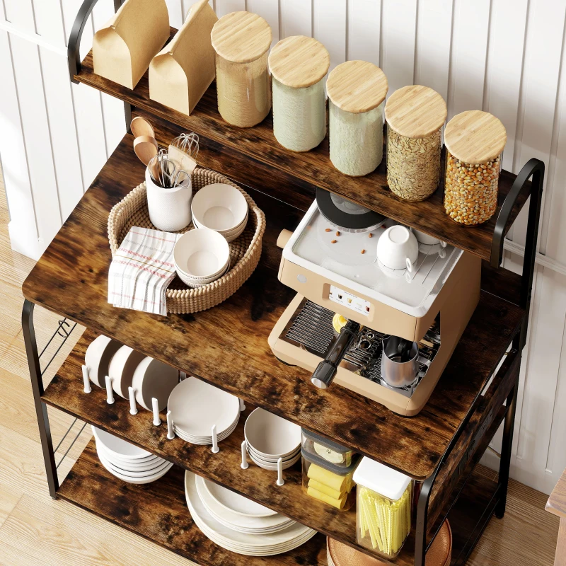 HOMCOM Baker's Rack with Charing Station, Microwave Shelf with Power Outlet, USB Charger and 4 Hooks, Rustic Brown