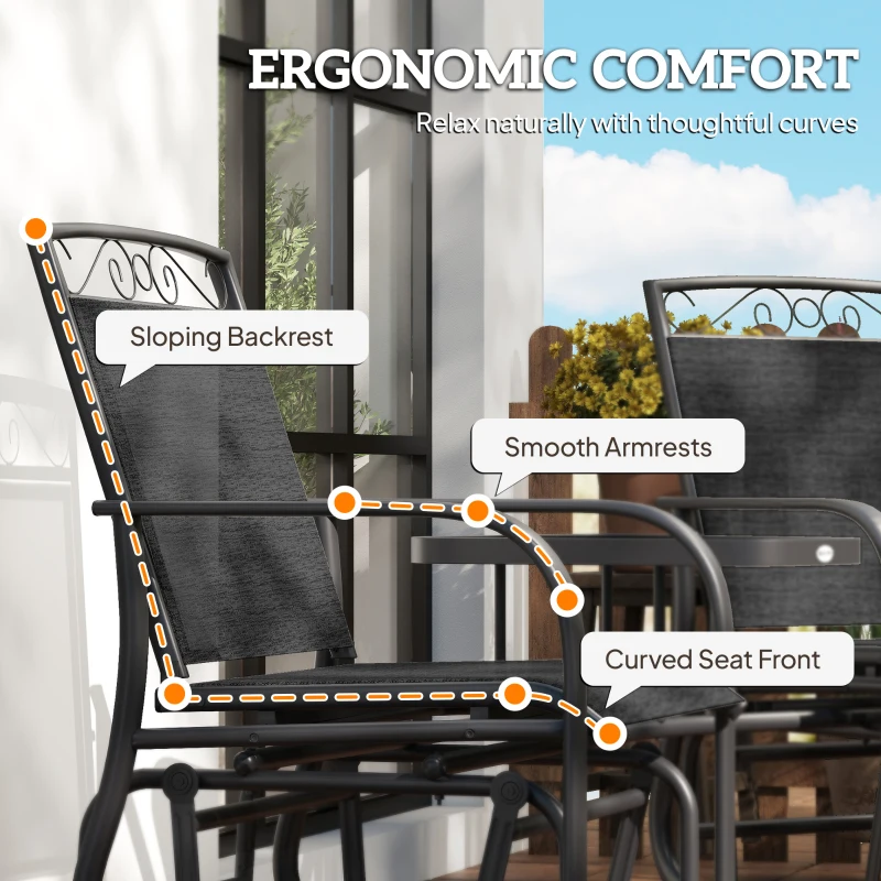 Outsunny Outdoor Glider Bench with Coffee Table, Patio 2-Seat Rocking Chair Swing Loveseat with Breathable Sling for Backyard Garden Porch, Black