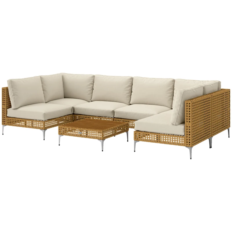 Outsunny 7 Piece Wicker Patio Furniture Set, Modular Outdoor Sectional with Thickened Cushions, Acacia Wood Table, Khaki/Beige