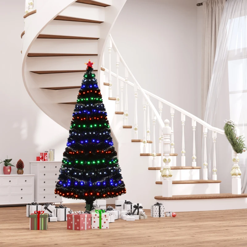 HOMCOM 6ft Tall Fir Artificial Christmas Tree with Realistic Branches, 230 Multi-Color Fiber Optic LED Lights and 230 Tips, Black