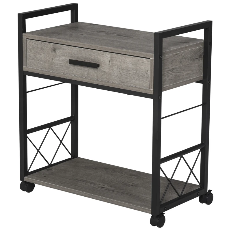 HOMCOM Industrial End Table with Drawer and Bottom Shelf, Mobile Side Table with 4 Wheels for Living Room,Grey