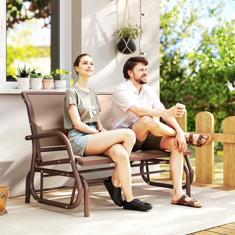 Outsunny Patio Double Glider Outdoor Steel Sling Fabric Gliding Bench Garden Swing Chair Heavy-Duty Porch Rocker Garden Loveseat Coffee Brown
