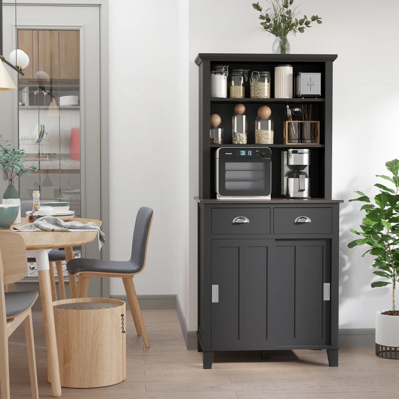 HOMCOM 67" Freestanding Buffet with Hutch, Kitchen Pantry Storage Cabinet with Sliding Doors, Drawers and Open Shelves, Adjustable Shelving, Black