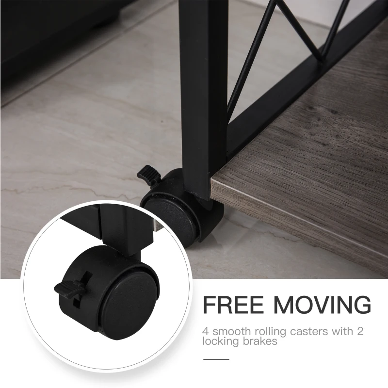 HOMCOM Industrial End Table with Drawer and Bottom Shelf, Mobile Side Table with 4 Wheels for Living Room,Grey