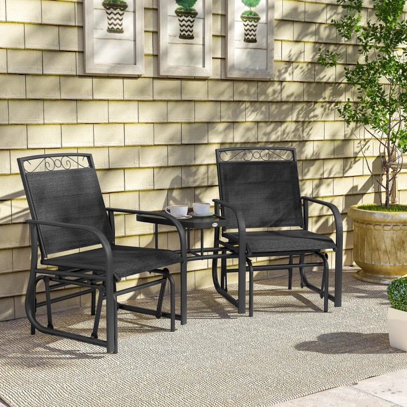 Outsunny Outdoor Glider Bench with Coffee Table, Patio 2-Seat Rocking Chair Swing Loveseat with Breathable Sling for Backyard Garden Porch, Black
