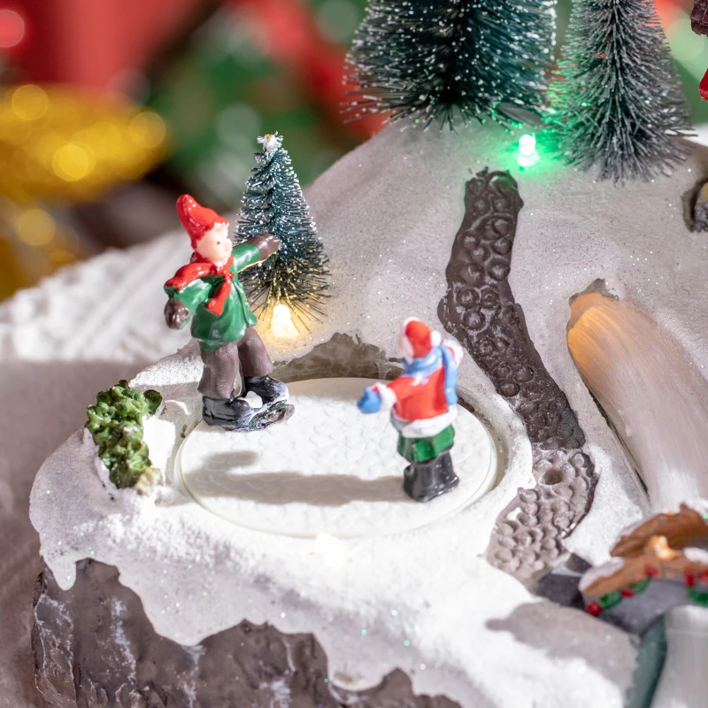 HOMCOM Animated Christmas Village Scene, Pre-Lit Musical Holiday Decoration with LED Lights, Fiber Optic, Rotating Skating Pond and 2 Skaters