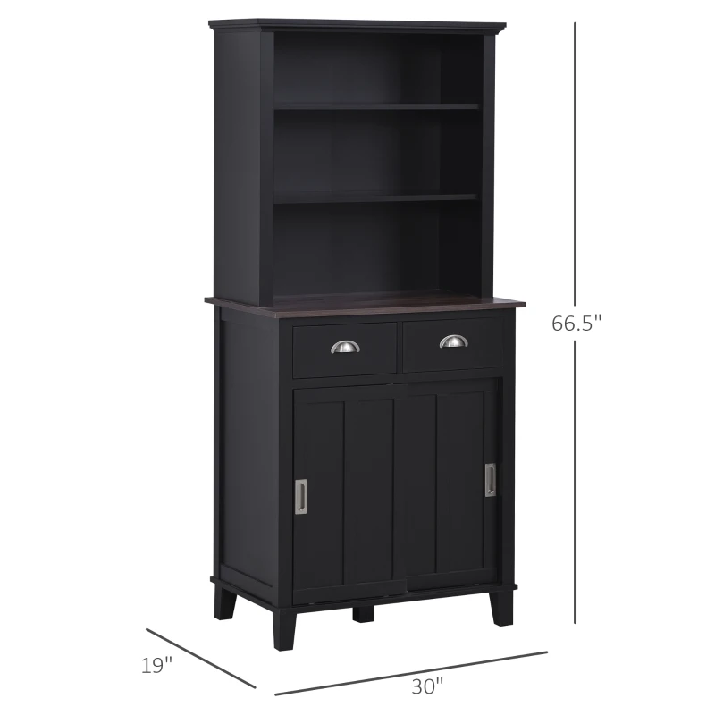 HOMCOM 67" Freestanding Buffet with Hutch, Kitchen Pantry Storage Cabinet with Sliding Doors, Drawers and Open Shelves, Adjustable Shelving, Black