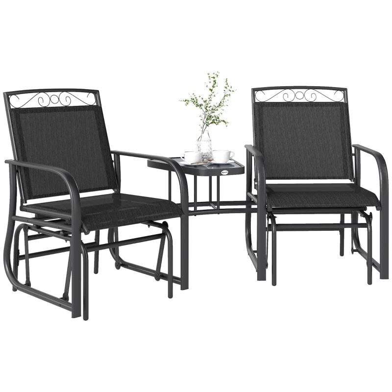 Outsunny Outdoor Glider Bench with Coffee Table, Patio 2-Seat Rocking Chair Swing Loveseat with Breathable Sling for Backyard Garden Porch, Black