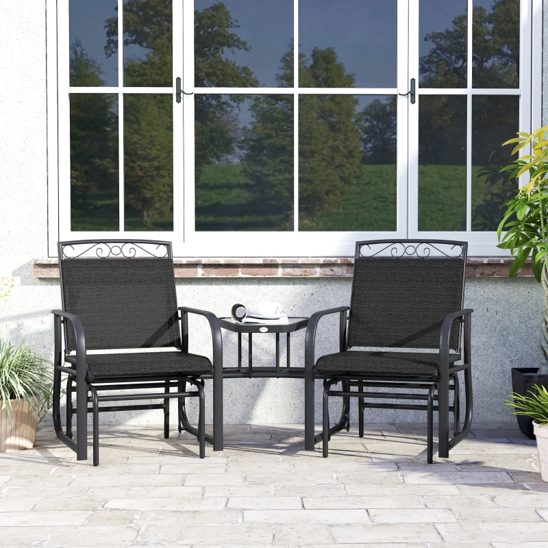 Outsunny Outdoor Glider Bench with Coffee Table, Patio 2-Seat Rocking Chair Swing Loveseat with Breathable Sling for Backyard Garden Porch, Black