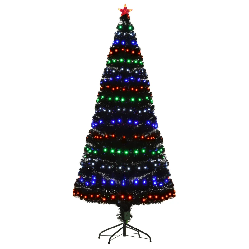 HOMCOM 6ft Tall Fir Artificial Christmas Tree with Realistic Branches, 230 Multi-Color Fiber Optic LED Lights and 230 Tips, Black