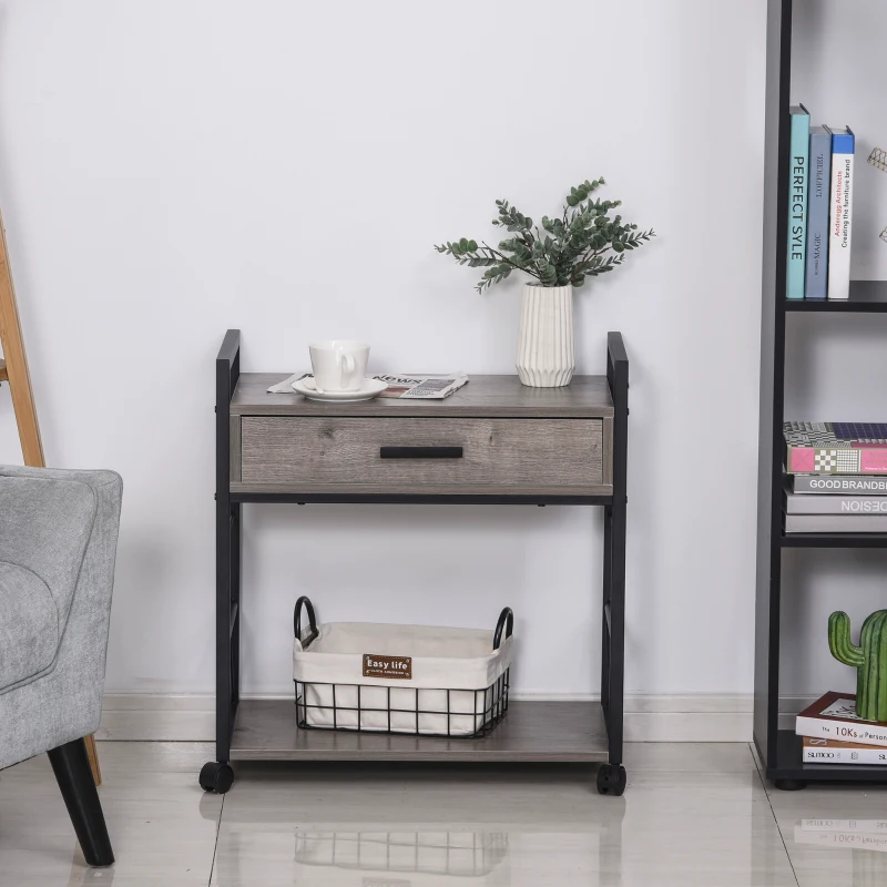 HOMCOM Industrial End Table with Drawer and Bottom Shelf, Mobile Side Table with 4 Wheels for Living Room,Grey