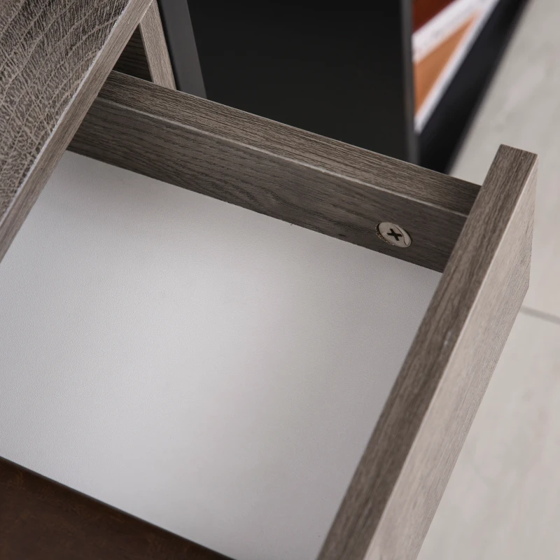 HOMCOM Industrial End Table with Drawer and Bottom Shelf, Mobile Side Table with 4 Wheels for Living Room,Grey