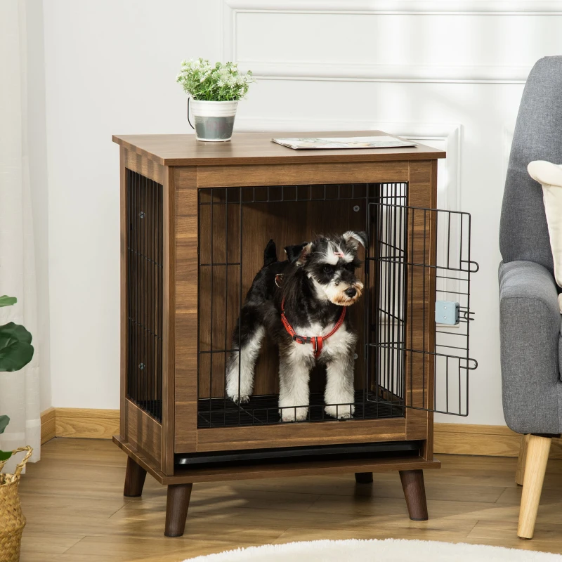 PawHut Wooden Dog Kennel, End Table Furniture with Lockable Doors, Small Size Pet Crate Indoor Animal Cage, Brown