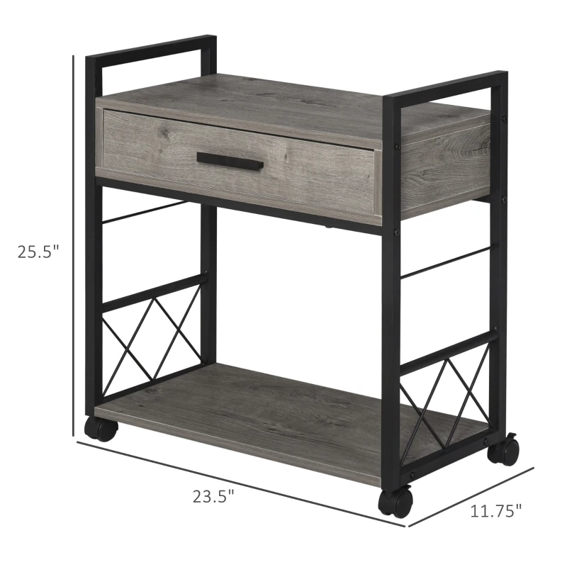 HOMCOM Industrial End Table with Drawer and Bottom Shelf, Mobile Side Table with 4 Wheels for Living Room,Grey
