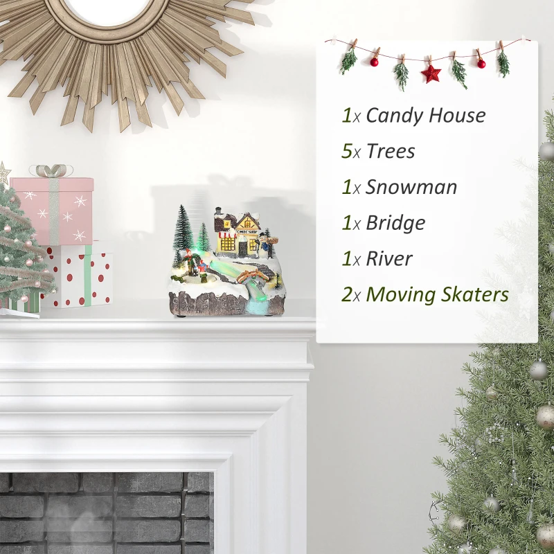 HOMCOM Animated Christmas Village Scene, Pre-Lit Musical Holiday Decoration with LED Lights, Fiber Optic, Rotating Skating Pond and 2 Skaters