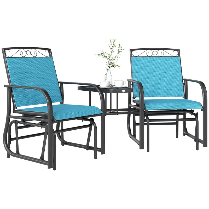 Outsunny Outdoor Glider Chairs with Coffee Table, Patio 2-Seat Rocking Chair Swing with Breathable Sling for Backyard, Blue