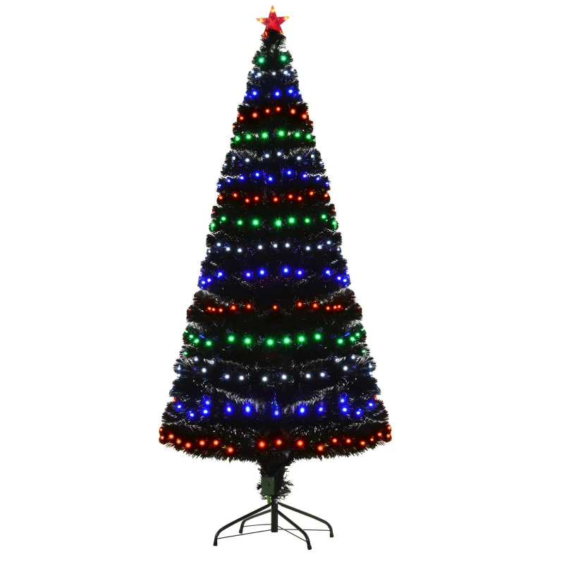 HOMCOM 6ft Tall Fir Artificial Christmas Tree with Realistic Branches, 230 Multi-Color Fiber Optic LED Lights and 230 Tips, Black