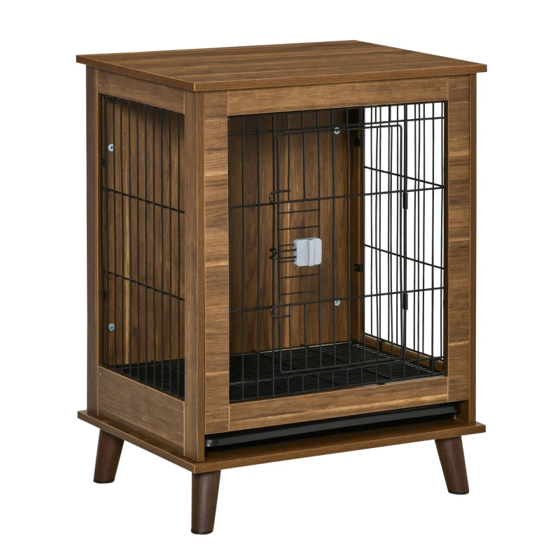 PawHut Wooden Dog Kennel, End Table Furniture with Lockable Doors, Small Size Pet Crate Indoor Animal Cage, Brown