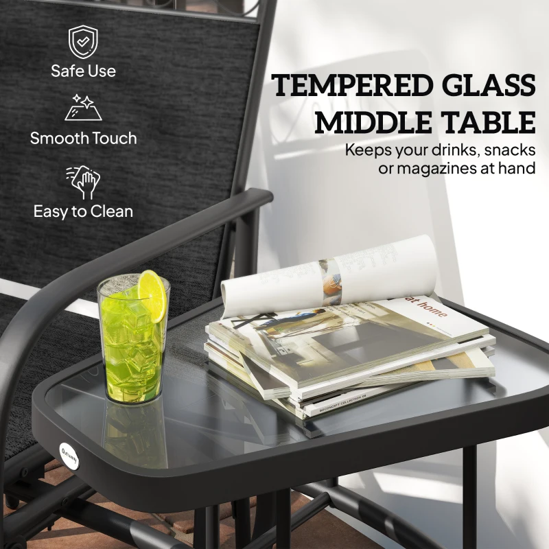 Outsunny Outdoor Glider Bench with Coffee Table, Patio 2-Seat Rocking Chair Swing Loveseat with Breathable Sling for Backyard Garden Porch, Black