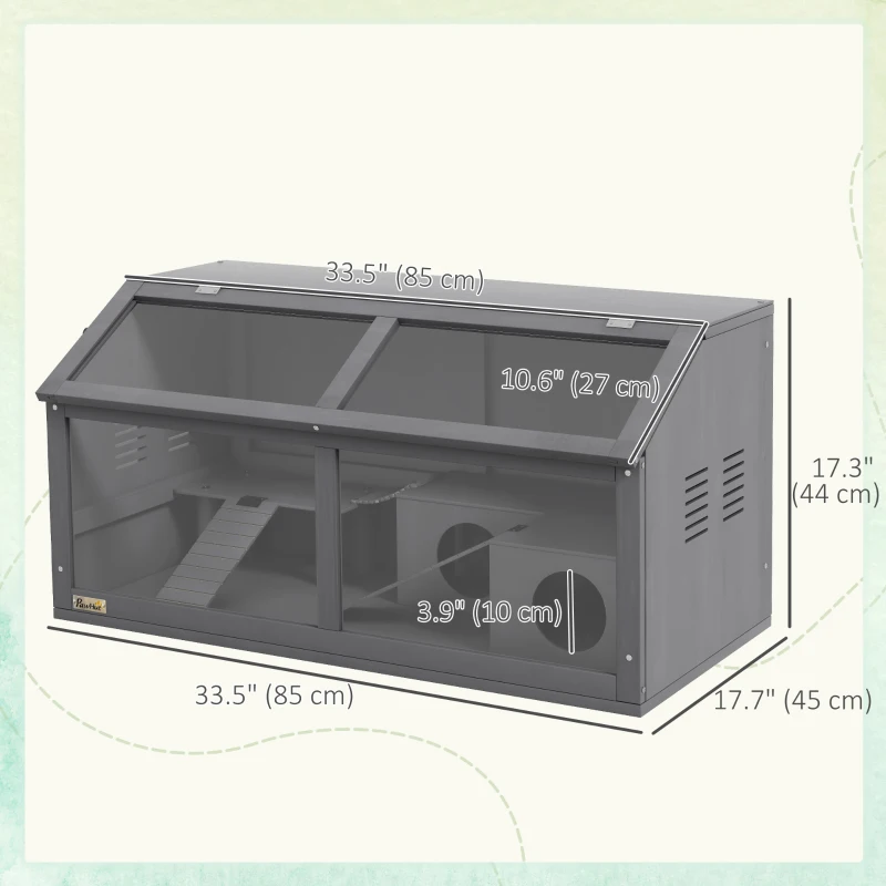 PawHut Rat Cage, Hamster Cage Wooden with Suspension Bridge, Ladders, Openable Top, Hut, Platform, for Gerbils Mice, Dark Grey