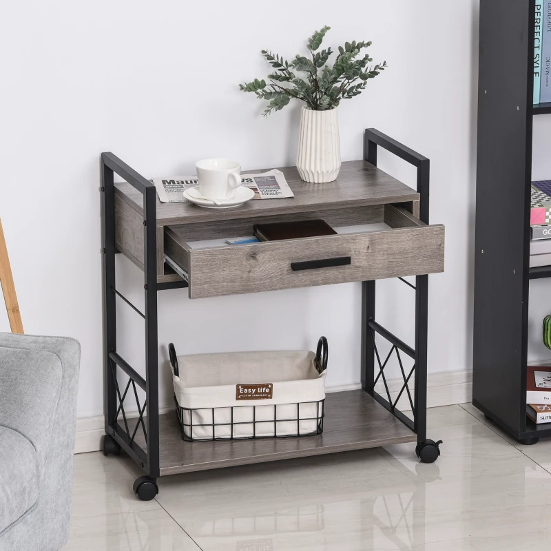 HOMCOM Industrial End Table with Drawer and Bottom Shelf, Mobile Side Table with 4 Wheels for Living Room,Grey