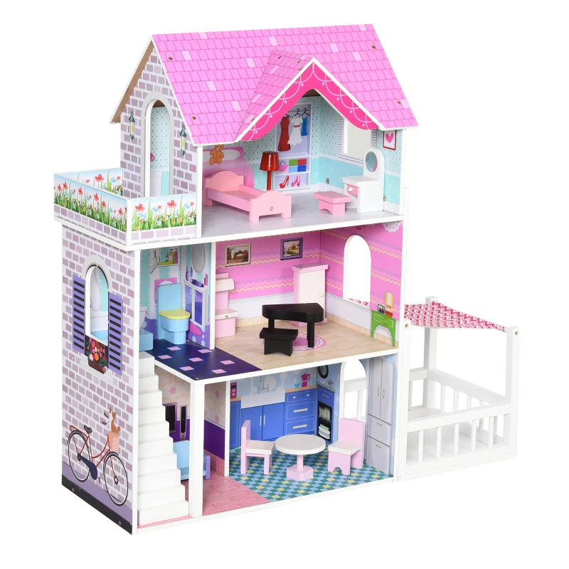 Qaba Kids Wooden Dollhouse Playset 3-Story Dream House Villa Kit with Sun Room, Balcony and 13 Accessories for ages 3+