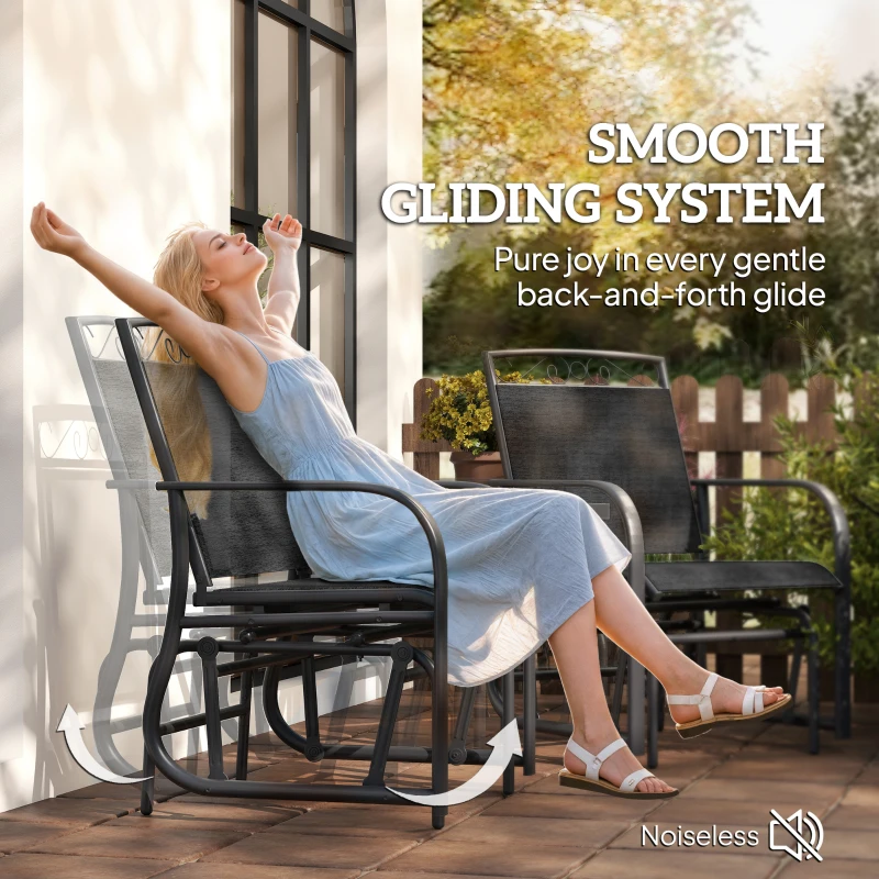 Outsunny Outdoor Glider Bench with Coffee Table, Patio 2-Seat Rocking Chair Swing Loveseat with Breathable Sling for Backyard Garden Porch, Black