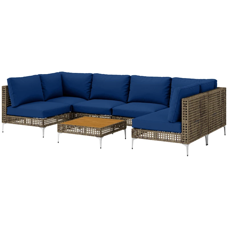 Outsunny 7 Piece Wicker Patio Furniture Set, Modular Outdoor Sectional with Thickened Cushions, Acacia Wood Table, Brown/Blue