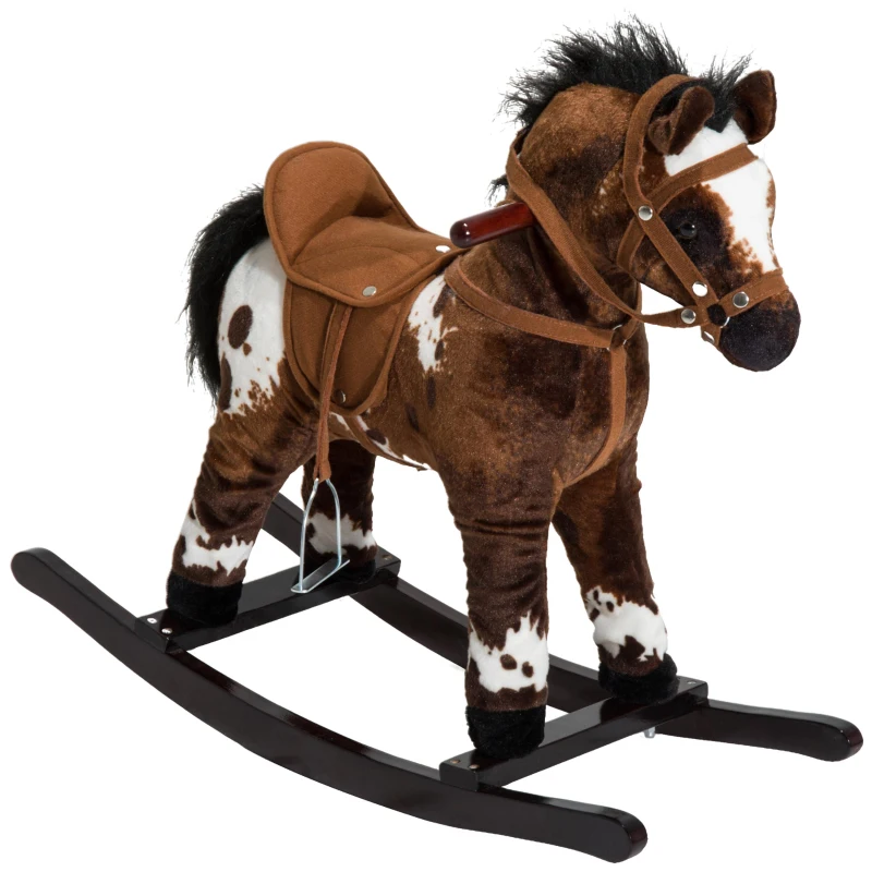 Qaba Kids Metal Plush Ride-On Rocking Horse Chair Toy With Realistic Sounds - Dark Brown/White
