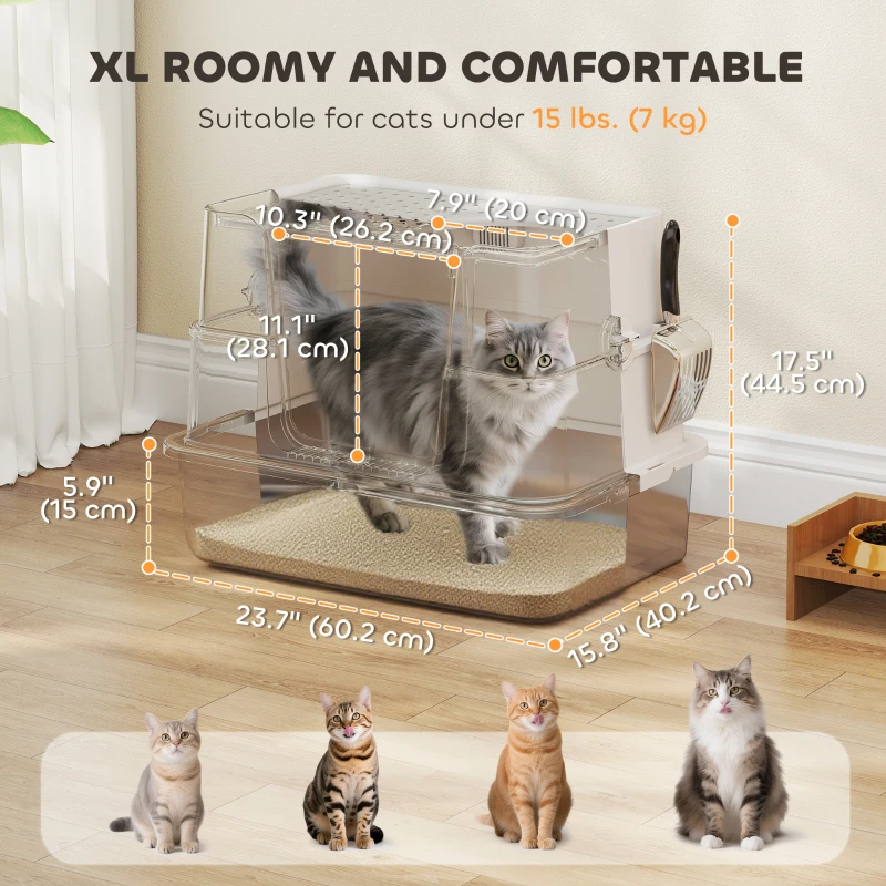 PawHut XL Stainless Steel Litter Box w/ 100° Flip Top, Scoop, Side Top Dual Entry, Odor Free, Easy Cleaning, Anti Leakage