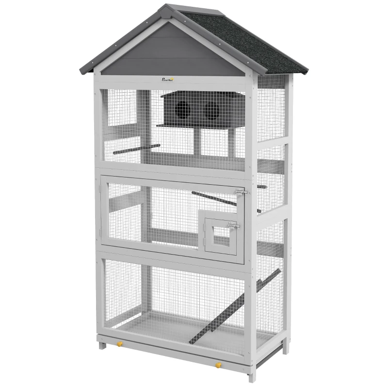 PawHut Wooden Bird Cage with Perches, Bird House, Ladder, Slide-Out Tray for Finches, Parakeets, Small Birds, Grey