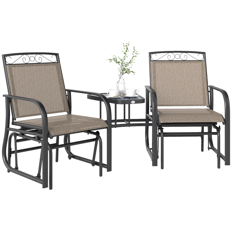 Outsunny Outdoor Glider Chairs with Coffee Table, Patio 2-Seat Rocking Chair Swing with Breathable Sling for Backyard, Garden and Porch, Brown