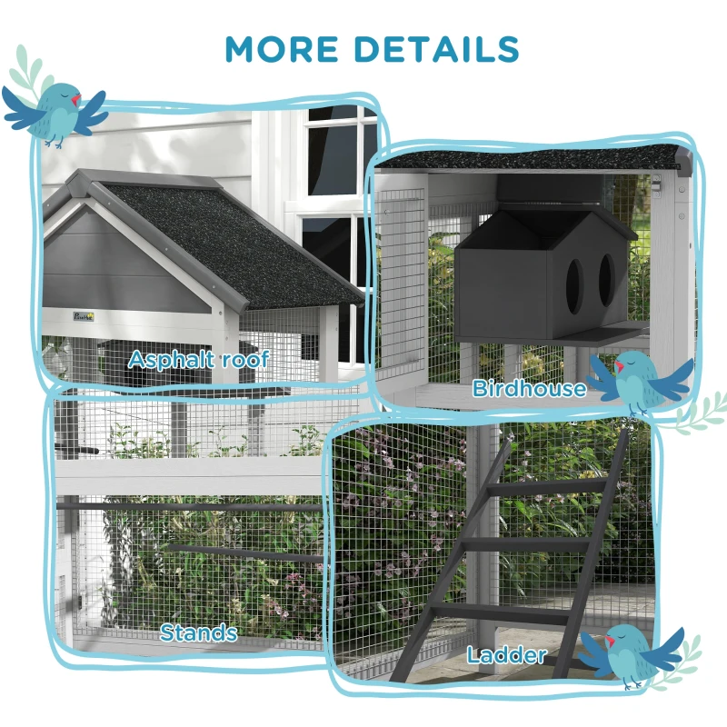 PawHut Wooden Bird Cage with Perches, Bird House, Ladder, Slide-Out Tray for Finches, Parakeets, Small Birds, Grey
